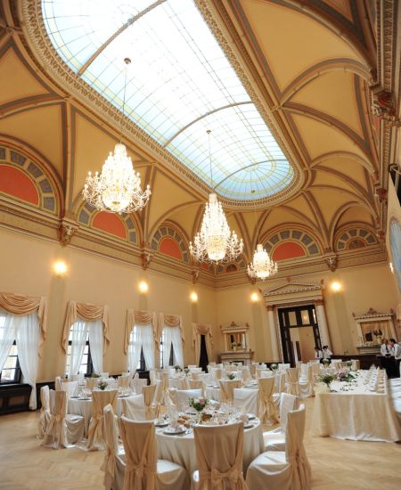 The most beautiful and largest hall for celebrations in the castle is the Mukhov Hall.