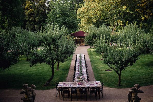 Wedding banquet in the apple orchard of the castle.